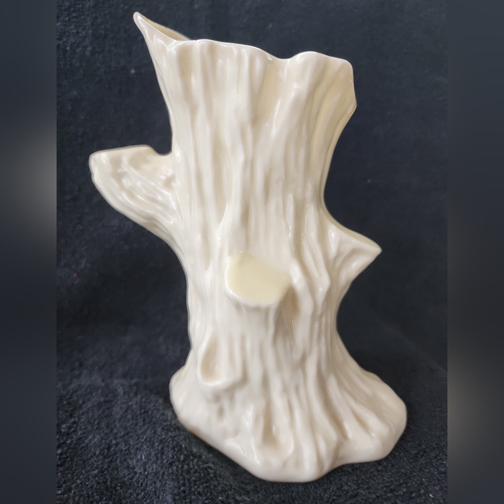 Vintage Belleek Porcelain Vase Cream Tree Trunk Ireland Green Mark 6 1/2" Ht